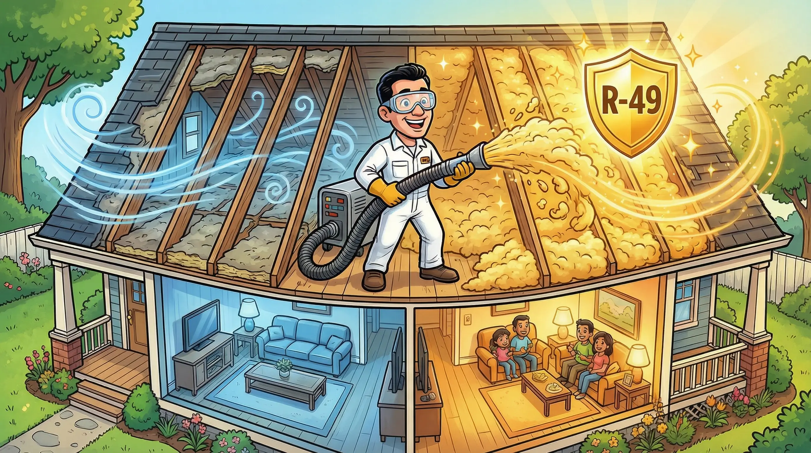 Technician blowing insulation into attic to reach R-49